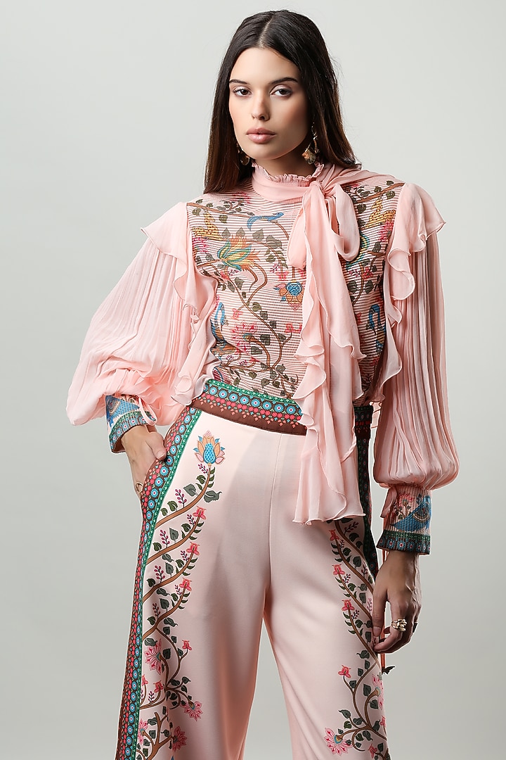 Blush Pink Striped Organza Printed Ruffled Shirt by Limerick By Abirr N' Nanki at Pernia's Pop Up Shop