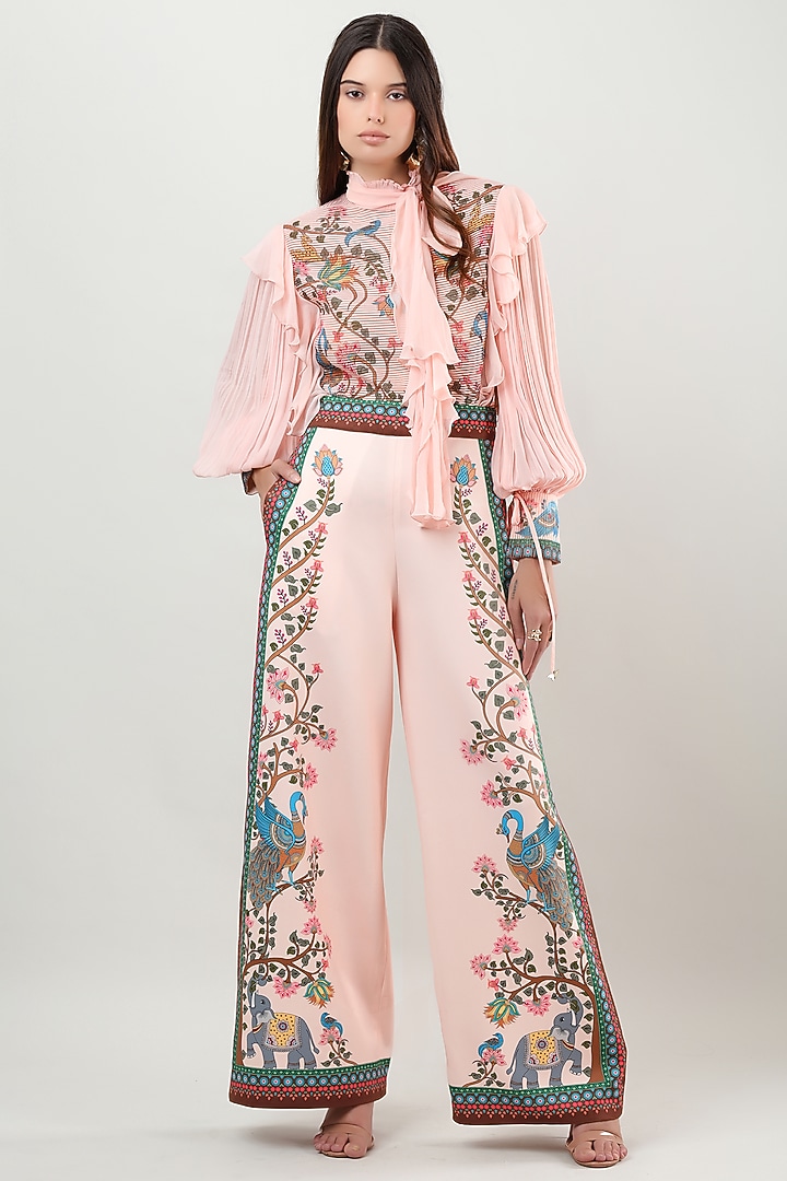 Blush Pink Bamberg Crepe Printed Straight Trousers by Limerick By Abirr N' Nanki at Pernia's Pop Up Shop