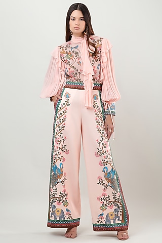 Blush Pink Bamberg Crepe Printed Straight Trousers by Limerick By Abirr N' Nanki