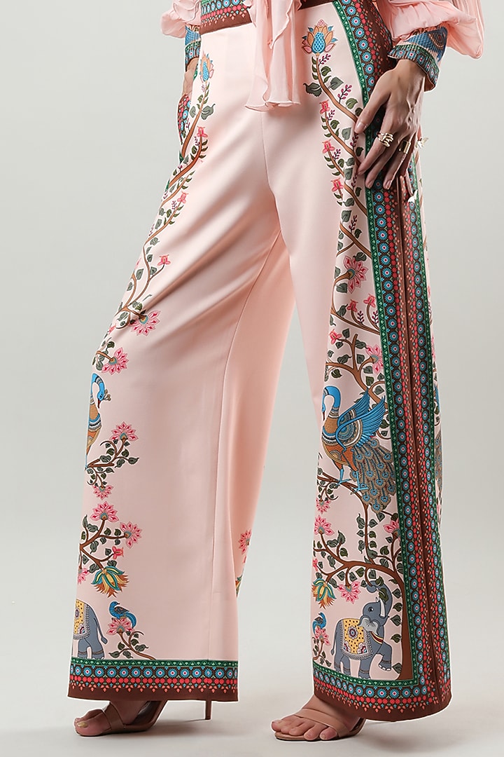 Blush Pink Bamberg Crepe Printed Straight Trousers by Limerick By Abirr N' Nanki at Pernia's Pop Up Shop