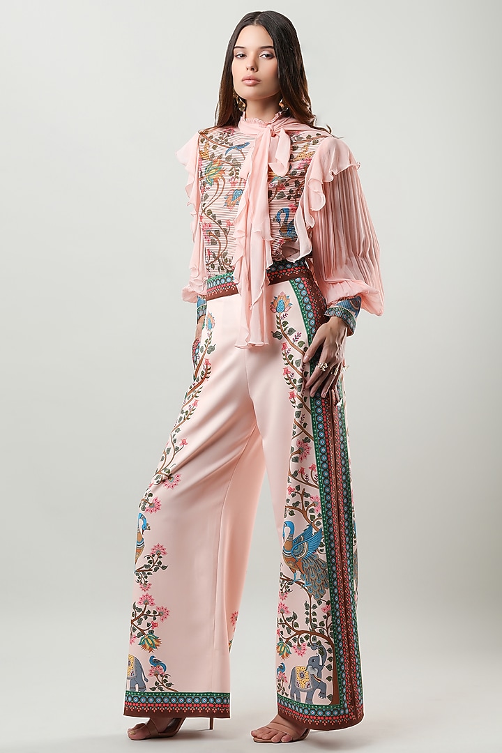 Blush Pink Bamberg Crepe Printed Straight Trousers by Limerick By Abirr N' Nanki at Pernia's Pop Up Shop