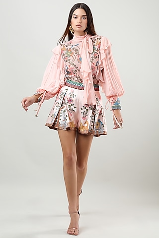 Blush Pink Scallop Textured Satin Printed Shorts by Limerick By Abirr N' Nanki