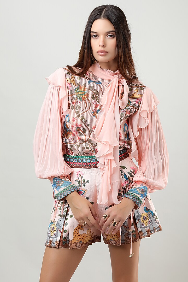 Blush Pink Scallop Textured Satin Printed Shorts by Limerick By Abirr N' Nanki at Pernia's Pop Up Shop