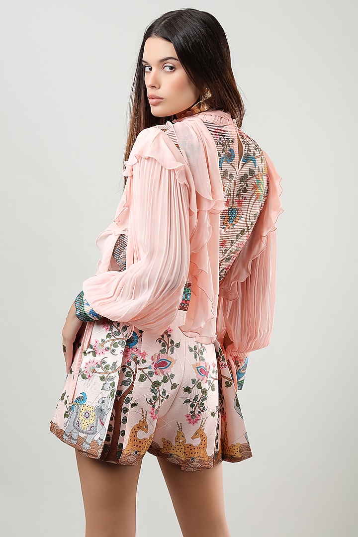 Blush Pink Scallop Textured Satin Printed Shorts by Limerick By Abirr N' Nanki at Pernia's Pop Up Shop