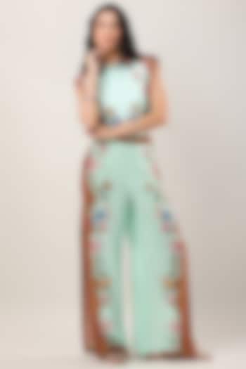 Green Crepe Printed Flared Pants by Limerick By Abirr N' Nanki at Pernia's Pop Up Shop
