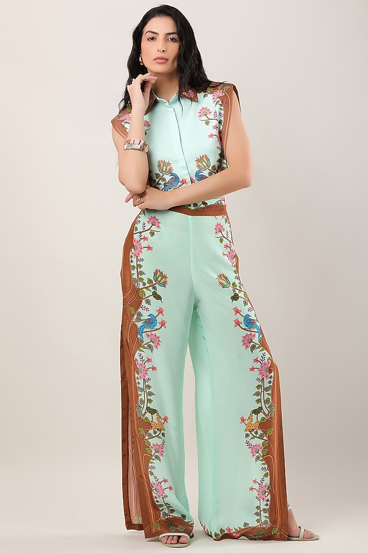 Green Crepe Printed Flared Pants by Limerick By Abirr N' Nanki at Pernia's Pop Up Shop