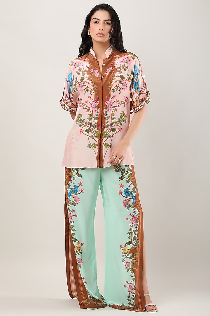 Green Crepe Printed Flared Pants by Limerick By Abirr N' Nanki at Pernia's Pop Up Shop