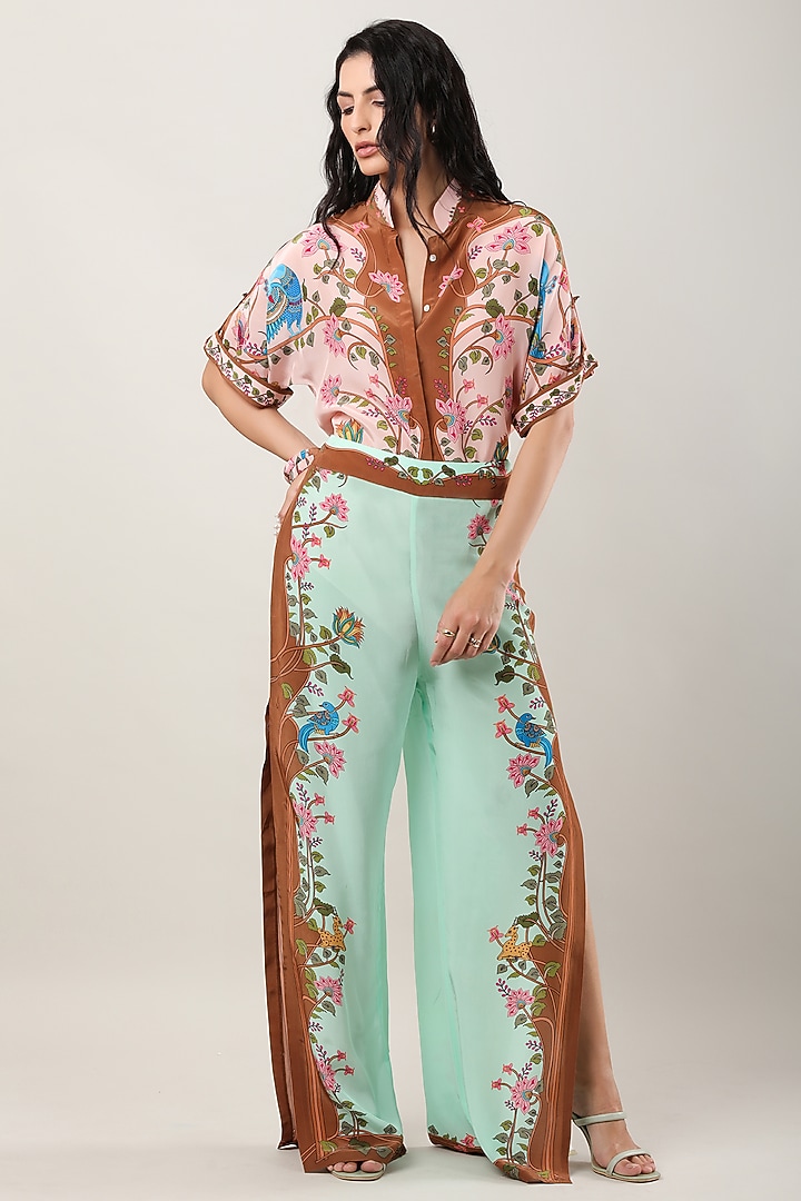 Green Crepe Printed Shirt by Limerick By Abirr N' Nanki at Pernia's Pop Up Shop