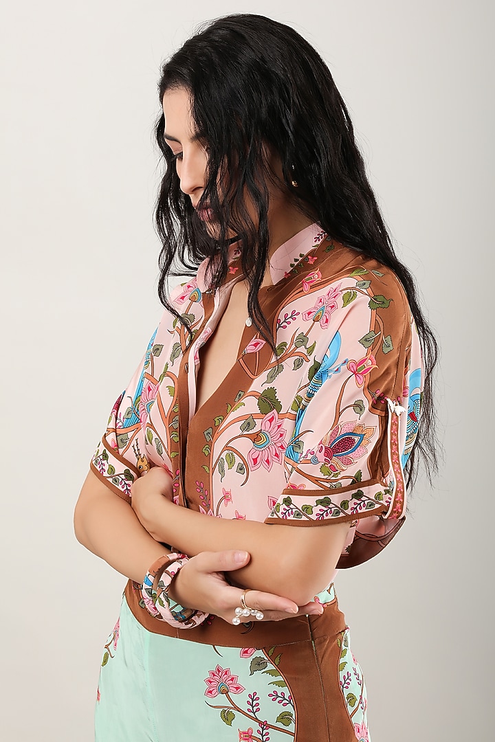 Green Crepe Printed Shirt by Limerick By Abirr N' Nanki at Pernia's Pop Up Shop