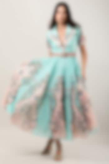 Green Striped Organza Printed Midi Vacation Dress by Limerick By Abirr N' Nanki at Pernia's Pop Up Shop