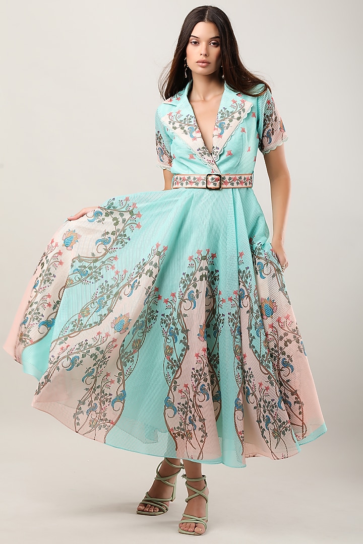 Green Striped Organza Printed Midi Vacation Dress by Limerick By Abirr N' Nanki at Pernia's Pop Up Shop