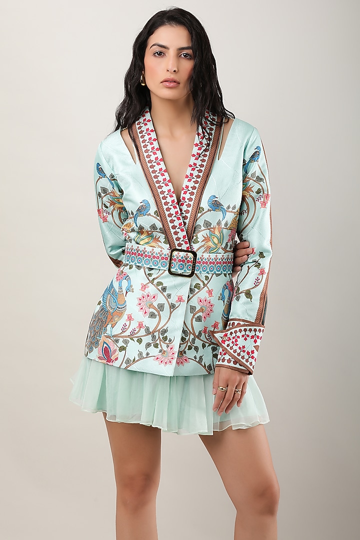 Green Scallop Textured Satin Printed Jacket by Limerick By Abirr N' Nanki at Pernia's Pop Up Shop