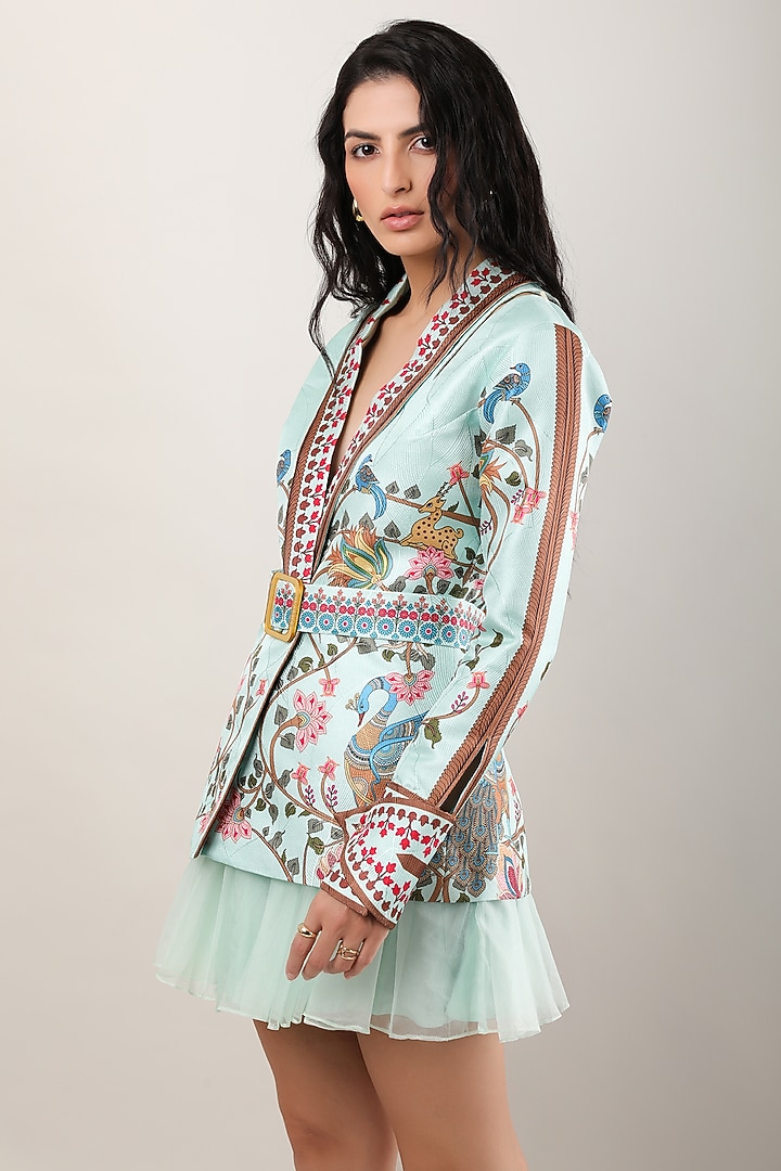 Green Scallop Textured Satin Printed Jacket by Limerick By Abirr N' Nanki at Pernia's Pop Up Shop