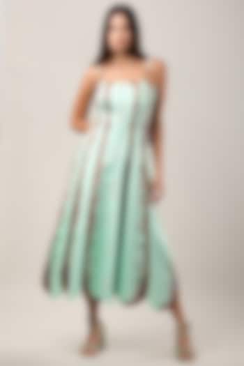 Green Cotton Satin Printed Midi Vacation Dress by Limerick By Abirr N' Nanki at Pernia's Pop Up Shop