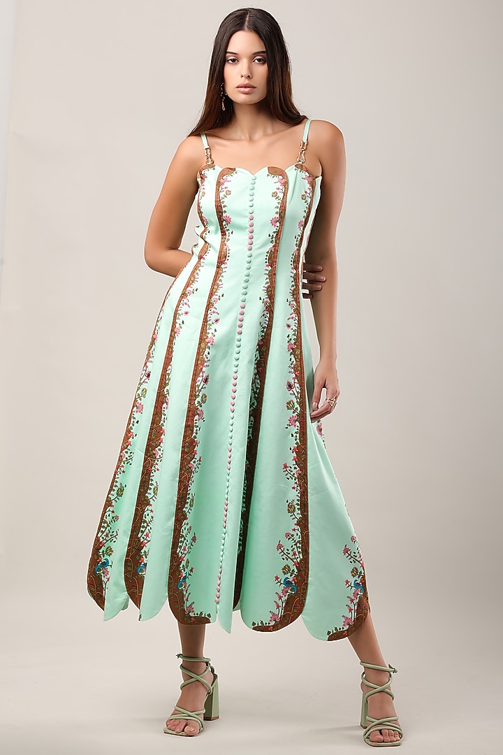 Green Cotton Satin Printed Midi Vacation Dress by Limerick By Abirr N' Nanki at Pernia's Pop Up Shop