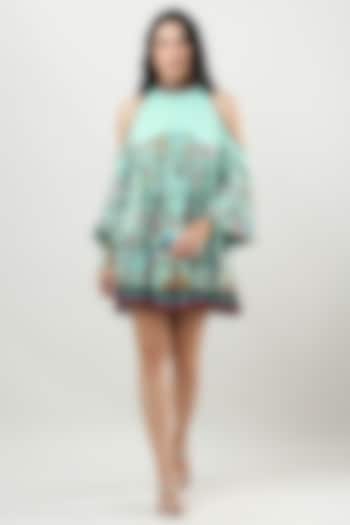 Green Georgette Printed Pleated Mini Vacation Dress by Limerick By Abirr N' Nanki at Pernia's Pop Up Shop