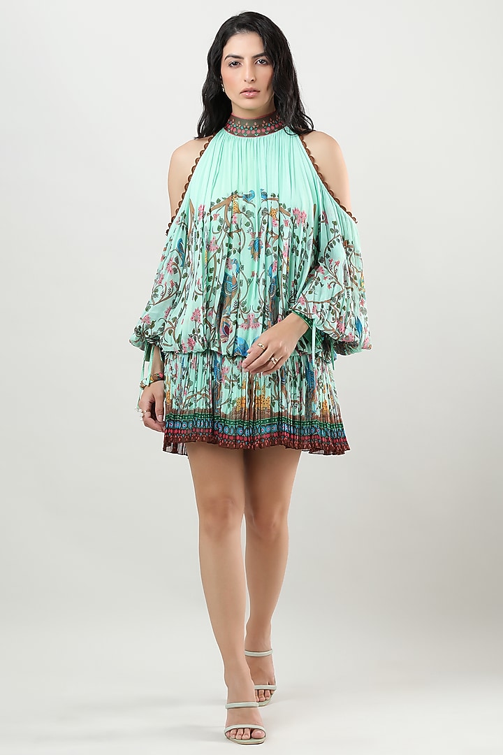 Green Georgette Printed Pleated Mini Vacation Dress by Limerick By Abirr N' Nanki at Pernia's Pop Up Shop