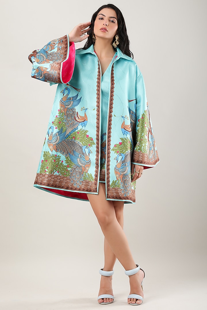 Green Scallop Textured Satin Printed Jacket by Limerick By Abirr N' Nanki at Pernia's Pop Up Shop