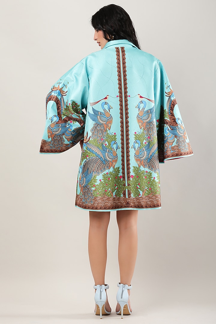 Green Scallop Textured Satin Printed Jacket by Limerick By Abirr N' Nanki at Pernia's Pop Up Shop