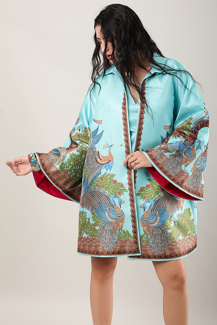 Green Scallop Textured Satin Printed Jacket by Limerick By Abirr N' Nanki at Pernia's Pop Up Shop