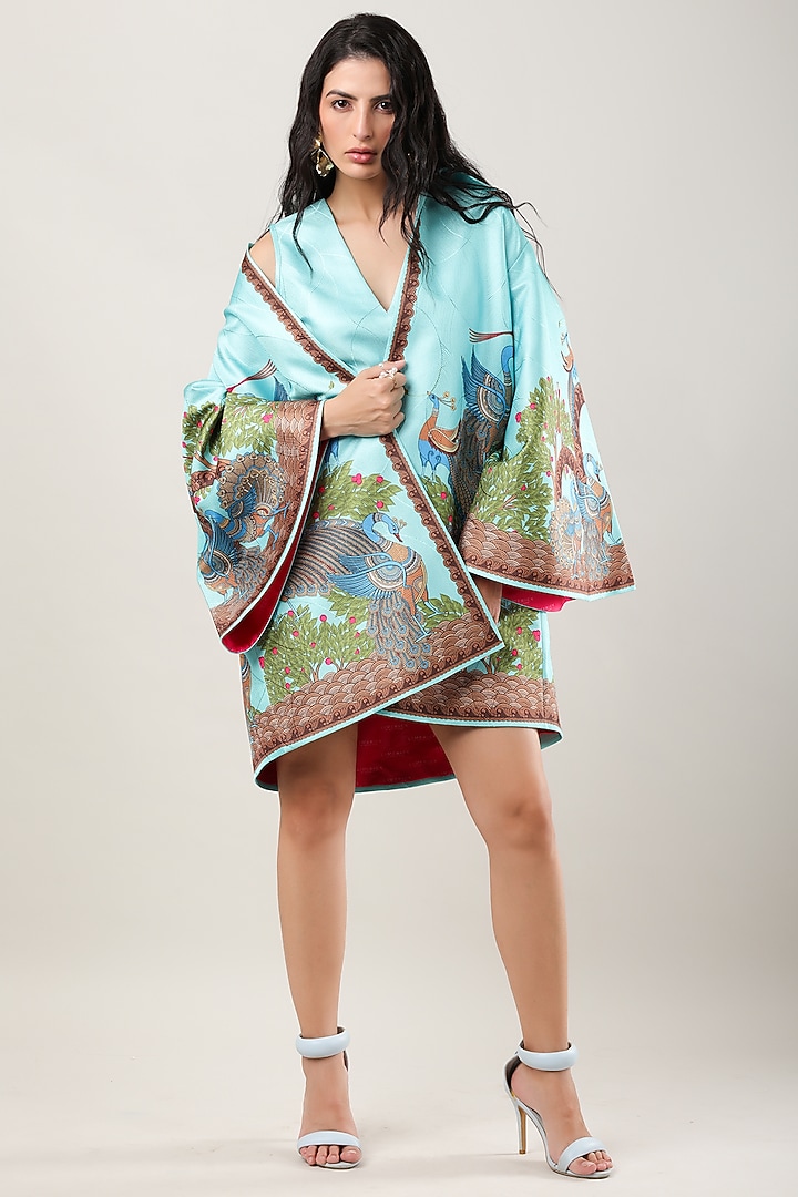 Green Scallop Textured Satin Printed Jacket by Limerick By Abirr N' Nanki at Pernia's Pop Up Shop