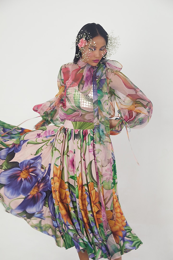 Pink Floral Printed Skirt Set by Limerick By Abirr N' Nanki at Pernia's Pop Up Shop