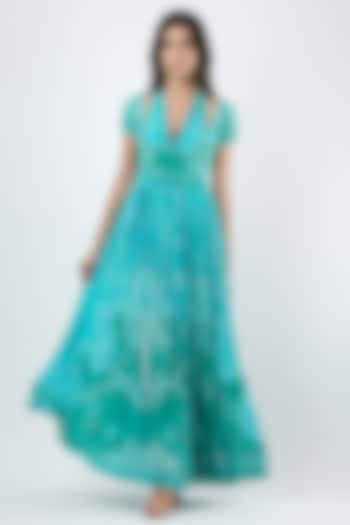 Teal Crepe & Organza Printed Maxi Vacation Dress by Limerick By Abirr N' Nanki at Pernia's Pop Up Shop