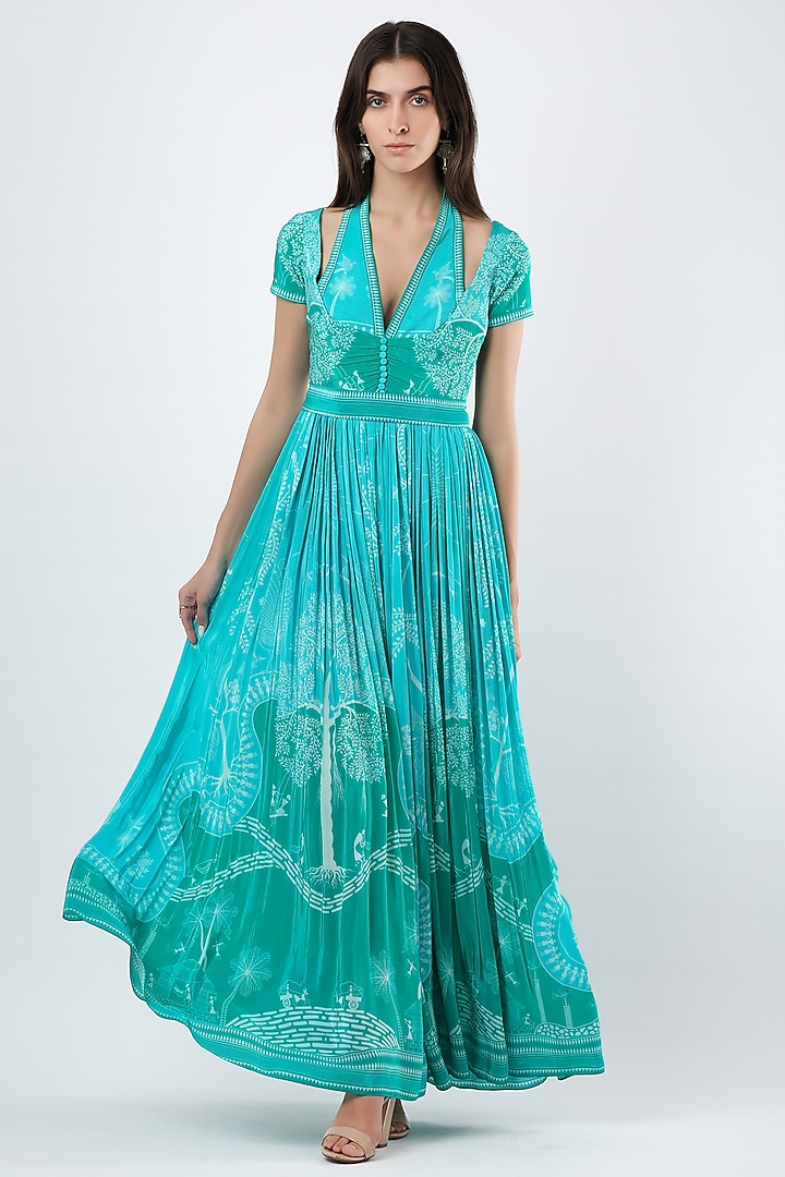 Teal Crepe & Organza Printed Maxi Vacation Dress by Limerick By Abirr N' Nanki at Pernia's Pop Up Shop