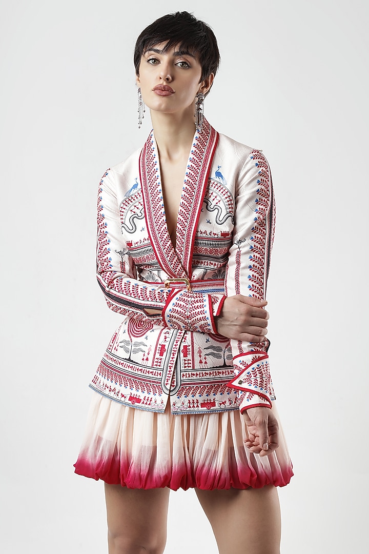 Ivory & Red Textured Satin Printed Jacket by Limerick By Abirr N' Nanki at Pernia's Pop Up Shop