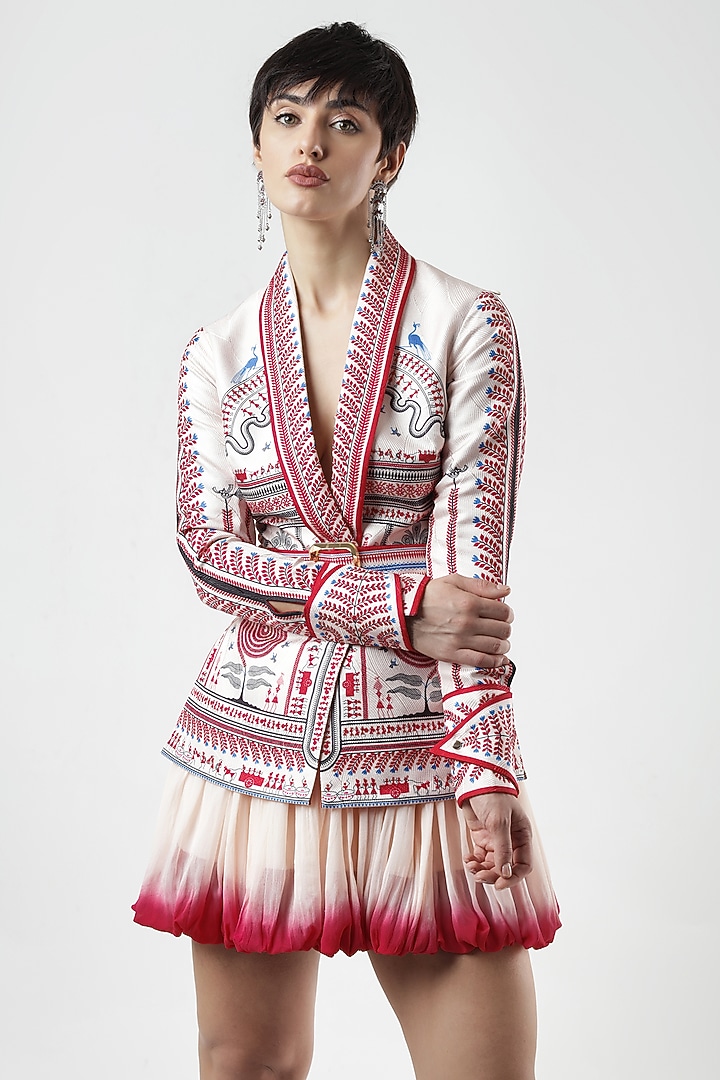 Ivory & Red Georgette Mini Skirt by Limerick By Abirr N' Nanki at Pernia's Pop Up Shop