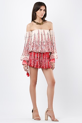 Ivory & Red Georgette Printed Off-Shoulder Top by Limerick By Abirr N' Nanki
