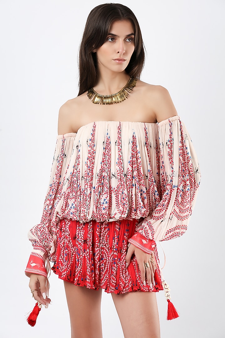 Ivory & Red Georgette Printed Off-Shoulder Top by Limerick By Abirr N' Nanki at Pernia's Pop Up Shop