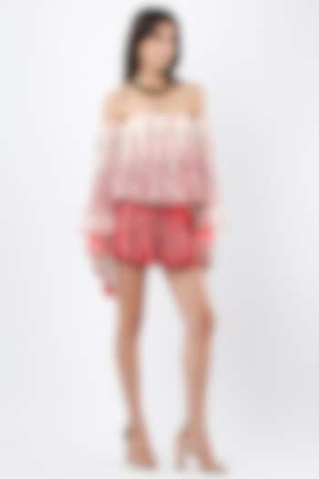 Red Georgette Printed Pleated Shorts by Limerick By Abirr N' Nanki at Pernia's Pop Up Shop
