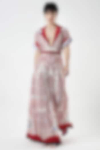Ivory & Red Crepe Printed Jumpsuit With Belt by Limerick By Abirr N' Nanki at Pernia's Pop Up Shop