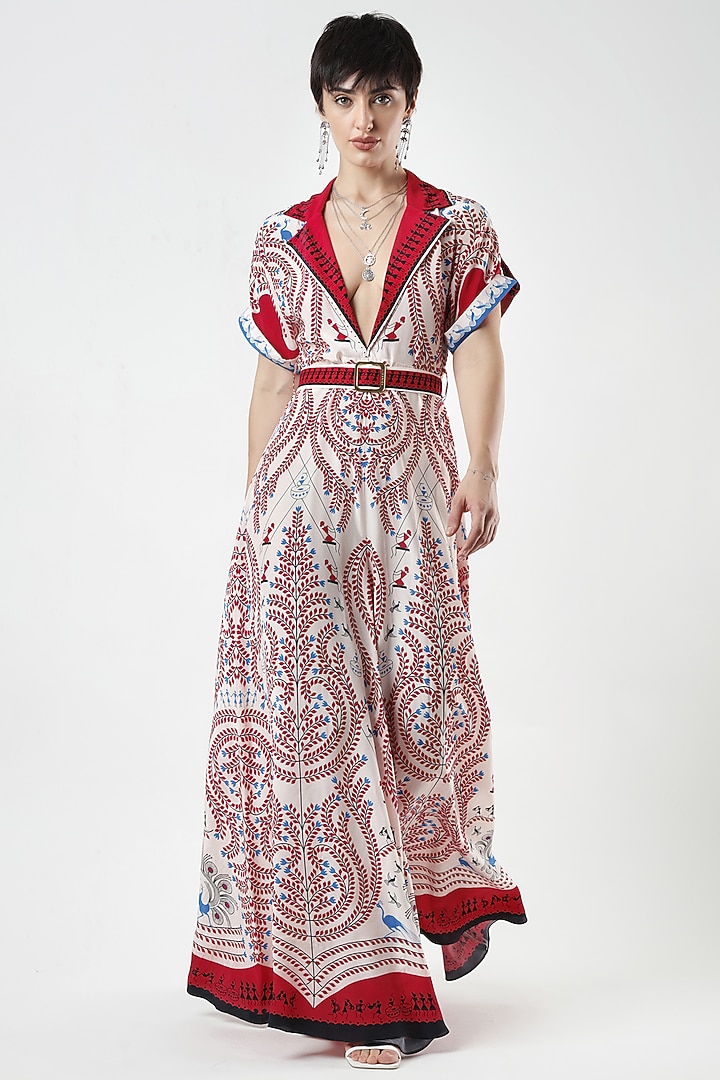 Ivory & Red Crepe Printed Jumpsuit With Belt by Limerick By Abirr N' Nanki at Pernia's Pop Up Shop