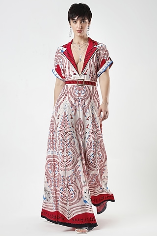 Ivory & Red Crepe Printed Jumpsuit With Belt by Limerick By Abirr N' Nanki