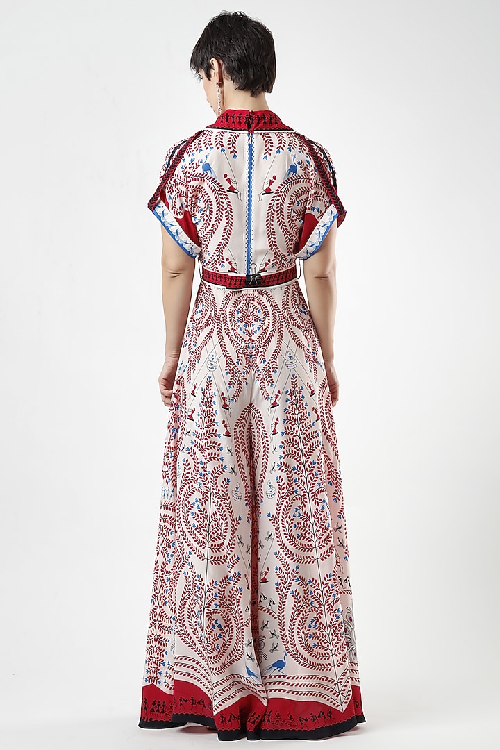 Ivory & Red Crepe Printed Jumpsuit With Belt by Limerick By Abirr N' Nanki at Pernia's Pop Up Shop