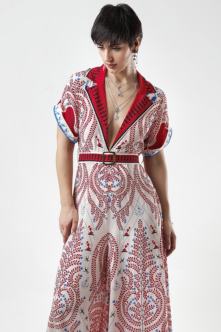 Ivory & Red Crepe Printed Jumpsuit With Belt by Limerick By Abirr N' Nanki at Pernia's Pop Up Shop