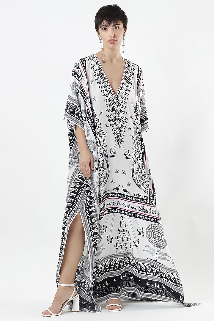 Ivory & Black Crepe Printed Kaftan by Limerick By Abirr N' Nanki at Pernia's Pop Up Shop