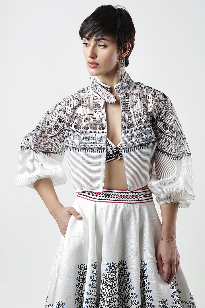 Ivory & Black Striped Organza Printed Jacket by Limerick By Abirr N' Nanki at Pernia's Pop Up Shop