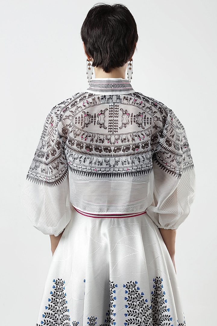 Ivory & Black Striped Organza Printed Jacket by Limerick By Abirr N' Nanki at Pernia's Pop Up Shop