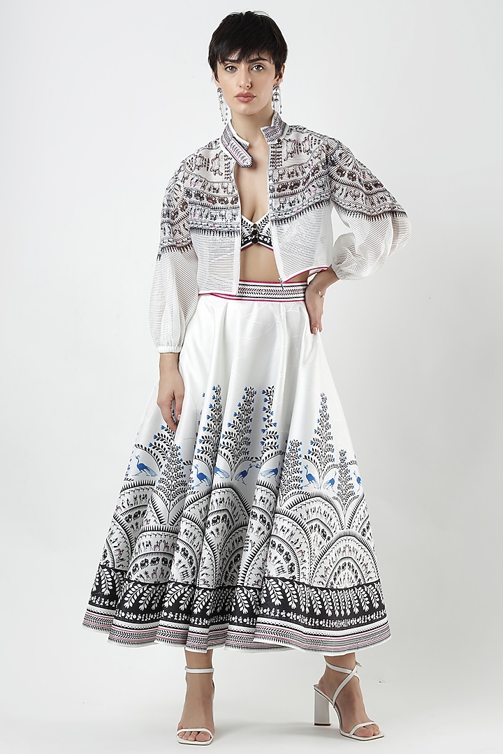 Ivory & Black Textured Satin Printed Midi Skirt by Limerick By Abirr N' Nanki at Pernia's Pop Up Shop