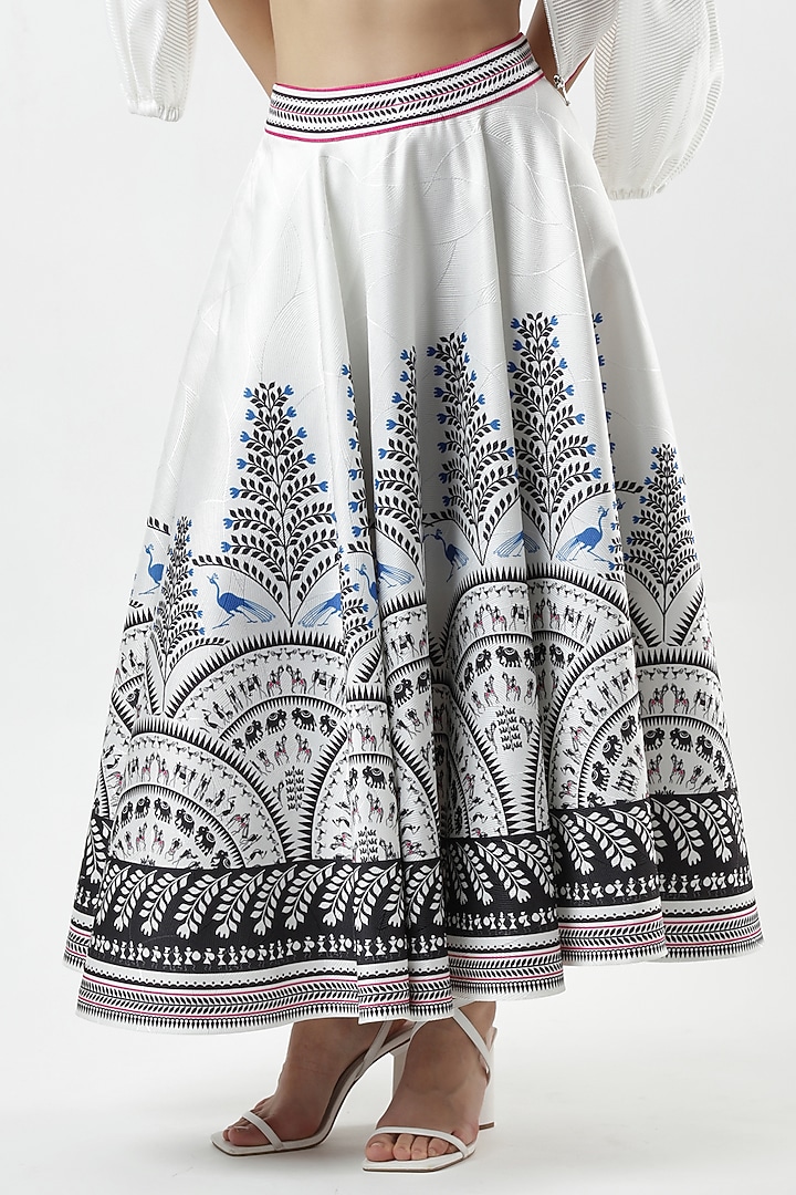 Ivory & Black Textured Satin Printed Midi Skirt by Limerick By Abirr N' Nanki at Pernia's Pop Up Shop