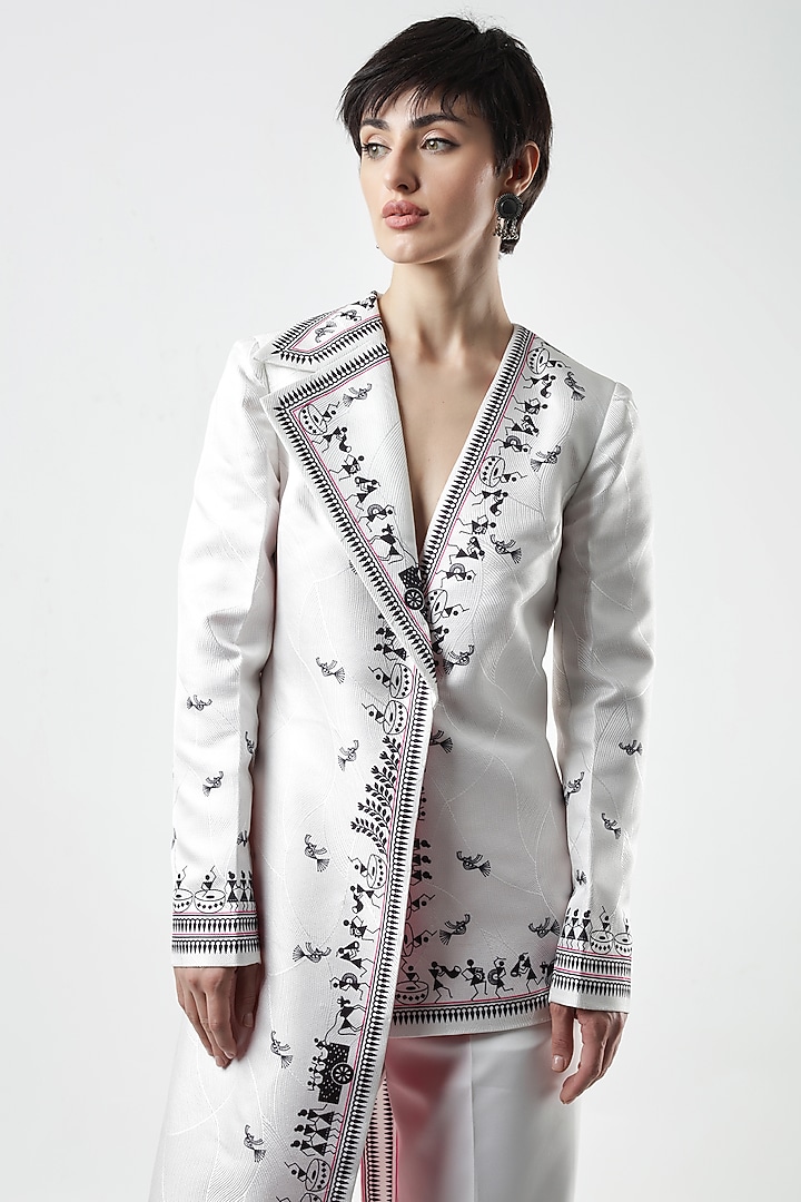 Ivory & Black Textured Satin Printed Jacket by Limerick By Abirr N' Nanki at Pernia's Pop Up Shop