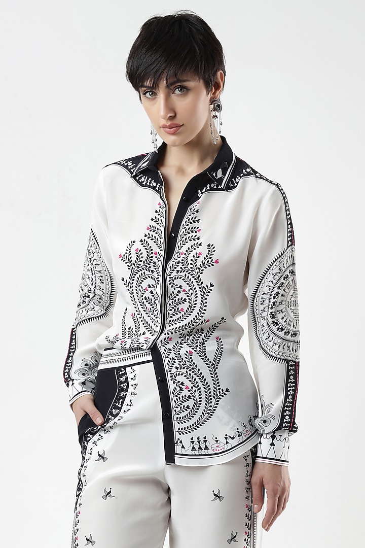 Ivory Crepe Thread Embroidered Shirt by Limerick By Abirr N' Nanki at Pernia's Pop Up Shop