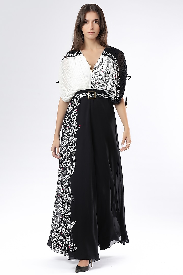 Ivory & Black Georgette Embroidered Jumpsuit by Limerick By Abirr N' Nanki at Pernia's Pop Up Shop