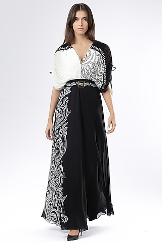Ivory & Black Georgette Embroidered Jumpsuit by Limerick By Abirr N' Nanki