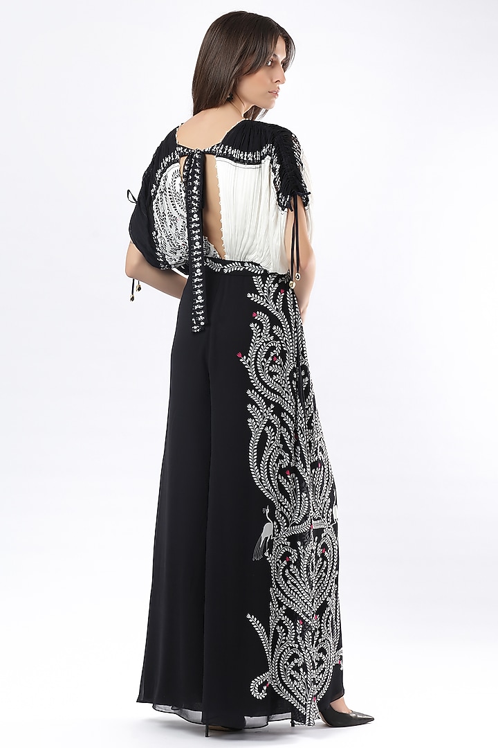 Ivory & Black Georgette Embroidered Jumpsuit by Limerick By Abirr N' Nanki at Pernia's Pop Up Shop