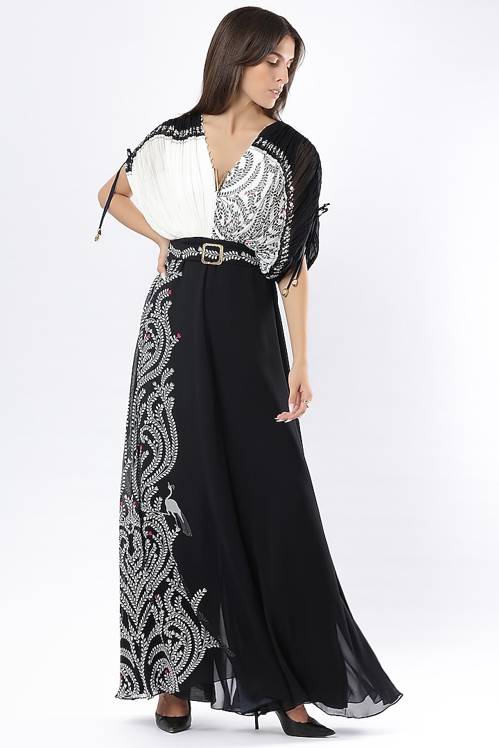 Ivory & Black Georgette Embroidered Jumpsuit by Limerick By Abirr N' Nanki at Pernia's Pop Up Shop