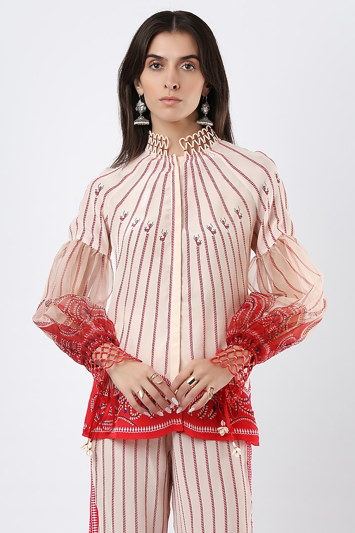 Ivory Crepe Printed & Embroidered Shirt by Limerick By Abirr N' Nanki at Pernia's Pop Up Shop